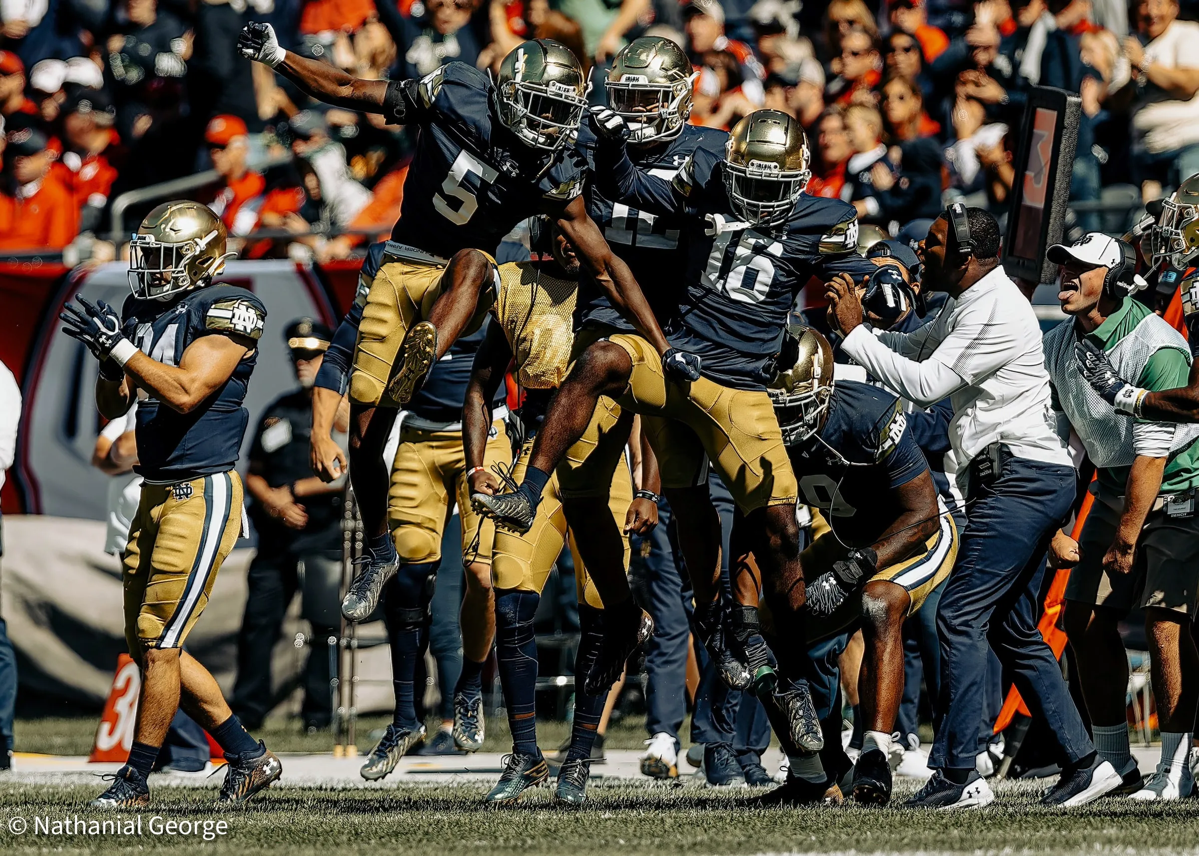 Notre Dame players in navy jerseys and gold helmets leap and collide in celebration on the sideline, two of them in midair, as coaches and staff cheer and a packed crowd fills the stands behind.
